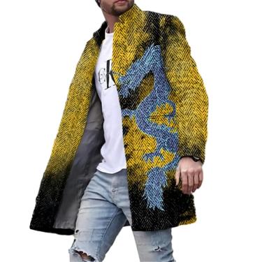 Imagem de Casaco De Tweed Masculino Com Estampa Masculina Stand Up Collar Casaco Masculino Casaco Casual Decoração De Bolso Casaco Longo Jaqueta Masculina Com Botão Frontal, Xldy-08, L