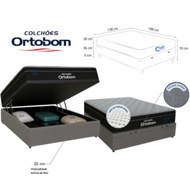 Imagem de Conjunto Casal Colchão Ortobom Elegant Molas Ensacadas com Cama Baú Blindada Suede 138x188x70 - Alto Padrão de Qualidade