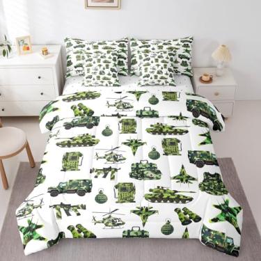 Imagem de jejeloiu Jogo de cama solteiro com tema de tanque de guerra, camuflado, avião, 7 peças, para meninos, meninas, adolescentes, equipamento militar, cama em uma bolsa, respirável, verde, decoração de