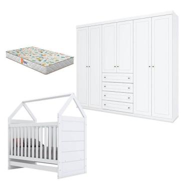 Imagem de Berço Montessoriano E Guarda Roupa Infantil Americano 6 Portas Branco Hp Com Colchão Gazin - Henn