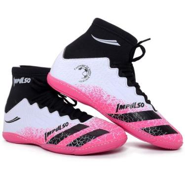 Imagem de chuteira cano longo botinha futsal quadra lisa - impulso, Branco rosa,