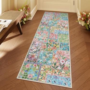Imagem de Uphome Tapete floral lavável, 5 x 15 cm rosa para corredores antiderrapantes, tapetes de cozinha de patchwork boho macio, tapetes botânicos para casa de fazenda de pelo baixo para entrada, quarto