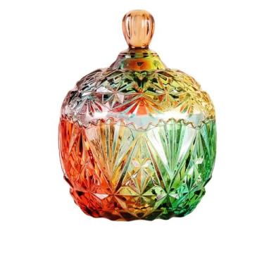 Imagem de Falytemow Tigela de cristal de vidro com tampa, prato de frutas iridescentes de estilo europeu criativo para decoração de mesa, prato de lanche de sobremesa para casa, escritório, decoração de