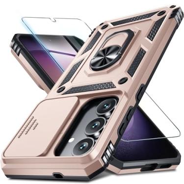 Imagem de Janmitta Compatível com Samsung Galaxy S25 FE Capa de lente de câmera deslizante embutida + protetor de tela + suporte de anel de dedo, capa de telefone de corpo inteiro resistente à prova de choque