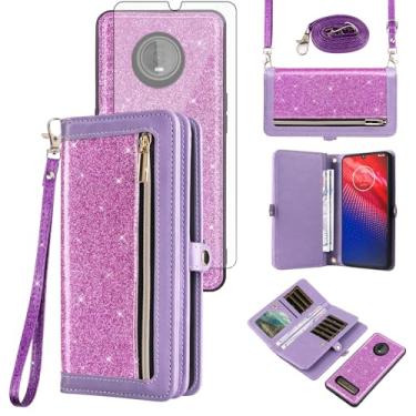 Imagem de Asuwish Capa carteira compatível com Motorola Moto Z4/Moto Z 4 Play/MotoZ4 Force e película protetora de tela de vidro temperado com glitter flip capas para celular 4Z Motoz4Play XT1980-4 2019 roxo