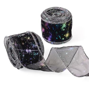 Imagem de KISSITTY Fita de tule de 20 metros padrão de estrela preta 5 cm de largura fitas decorativas de poliéster para festa de árvore de Natal, guirlandas de casamento, laços, decoração de embrulho de