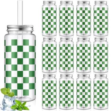 Imagem de Patelai Pacote com 12 copos de guingão verde sálvia 382 g copos de plástico xadrez verde transparente com tampa e canudo copo xadrez de plástico reutilizável para chá de bebê, casamento, aniversário