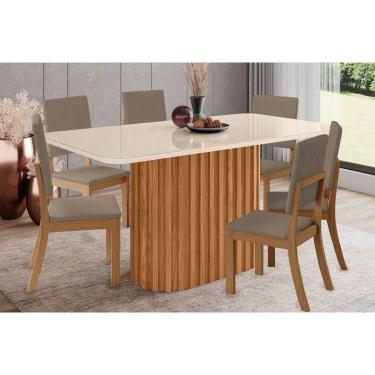 Imagem de Conjunto: Mesa de Cozinha Solana SC68 Tampo Madeirado c/ Vidro Canto Curvo 160x90cm e 6 Cadeiras Milla Nature/Suede Light Marrom Amêndoa - Henn