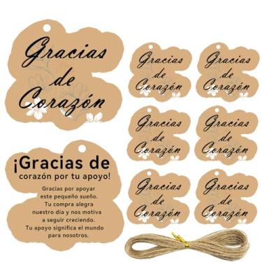 Imagem de 50 cartões de agradecimento espanhóis ou franceses com cordas 7,2 x 8 cm Kraft Gracias cartões de agradecimento ou caixa de lembrancinha de casamento para pequenas empresas etiquetas de presente de