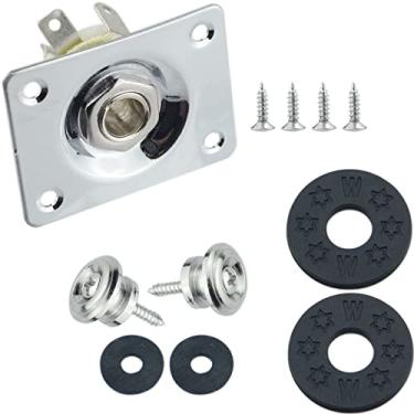 Imagem de Wwomusic Placa de saída de entrada de guitarra prateada de 6,35 mm para guitarra elétrica LP Les Paul Style, 2 botões de alça de guitarra com blocos de alça