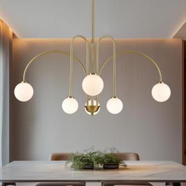 Imagem de PiWWPi Lustre moderno de meados do século, lustre Sputnik de globo de 6 luzes, luminárias pendentes grandes de latão dourado com globo de vidro branco para sala de jantar, ilha de cozinha, quarto