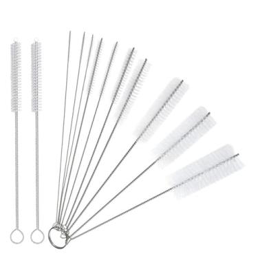 Imagem de Kit 10 Escovas Limpeza Haste Inox Cerdas em Nylon Brancas +2 Escovas Haste Inox Cerdas Nylon p/Canudos