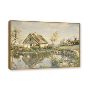 Imagem de Moldura externa de teca. Famosas pinturas a óleo, (casa de lago) por Peder Mork Monsted, reprodução impressa em tela, arte de cenário para decoração de sala de estar. 50 x 70 cm - 19,6 x 27,5 pol