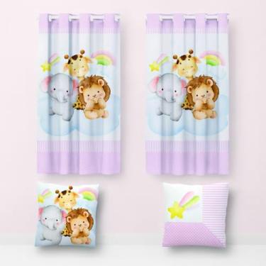 Imagem de Cortina Infantil com 2 Capas de Almofada, 2,00x1,50m, Poliéster Estampado, Decorativa, Quarto (SAFARI NUVEM ROSA)