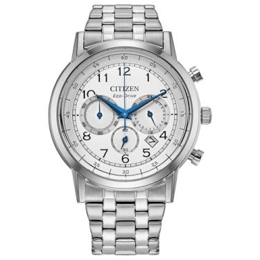Imagem de Citizen Relógio clássico masculino Eco-Drive, pulseira de aço inoxidável prateado, mostrador branco, cronógrafo (modelo: CA4630-53A)