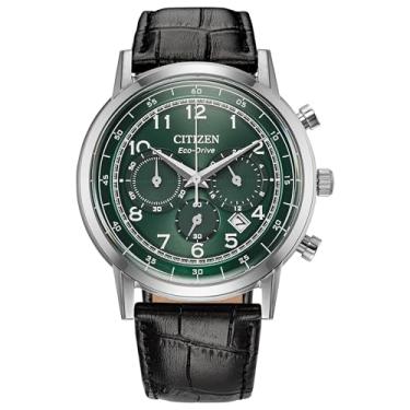 Imagem de Citizen Relógio clássico masculino Eco-Drive, pulseira de couro preto, mostrador verde, cronógrafo (modelo: CA4630-02X)