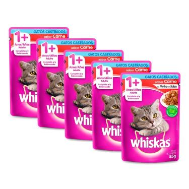 Imagem de Ração Úmida para Gatos Whiskas Adultos 1+ Anos Castrados Sabor Carne Sachê 85g | Kit com cinco unidades