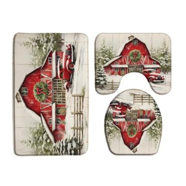 Imagem de Conjunto de 3 peças de tapete de banho de Natal vermelho retrô caminhão fazenda celeiro pinho floresta floco de neve vintage rústico férias de inverno 45 x 75 cm, capa de assento de vaso sanitário
