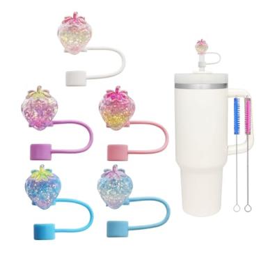 Imagem de 6 peças de cobertura de palha de morango com glitter de 10 mm para copo Stanley, topo de canudo à prova de poeira para copos de 30 e 1,134 g e garrafas de água, acessórios reutilizáveis para copos