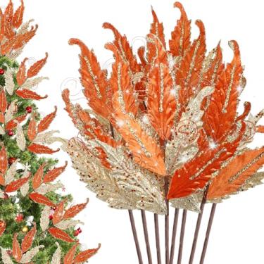 Imagem de HyDren 10 peças de folhas de glitter de Natal grandes ornamentos para palitos de árvore de Natal, sprays, galhos, ramos, florais para decoração de guirlanda de árvore de Natal, decoração DIY (ouro e