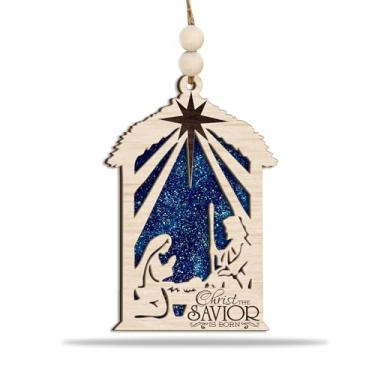Imagem de Enfeite de presépio "Cristo o Salvador nasceu" – Decoração de árvore de Natal de madeira com Sagrada Família e Estrela de Belém – Lembrança de Natal Cristã Rústica e Presente Religioso