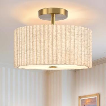 Imagem de Luminária de teto com 2 luzes semi-embutidas, luminária de teto moderna de tambor dourado de 12,6 polegadas com persiana de tecido plissado regulável perto da luz de teto para sala de estar, corredor
