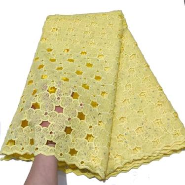 Imagem de LadyQ Tecido branco de renda suíça francesa africana macia fio guipura nigeriana tecido de renda de seda leite com pedras para vestido de casamento 896LD (amarelo)