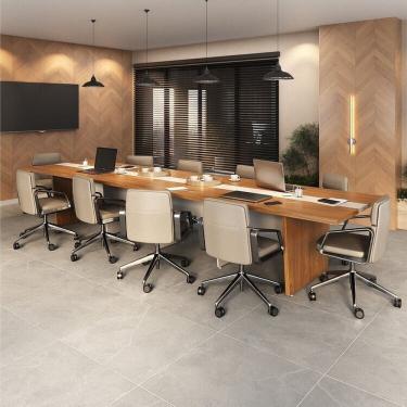 Imagem de Kit Mesa Reunião Escritório 10 Lugares C/ 3 Módulos P/extensão, Caixa de Tomada, Tampotamburato 50mm Freijó/Branco