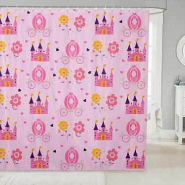 Imagem de Manfei Cortinas de chuveiro infantis Pumpkin Carriage, cortina de banheiro de castelo de flores sonhadoras, decoração de casa de princesa adorável floral, cortinas impermeáveis rosa amarelas, 12