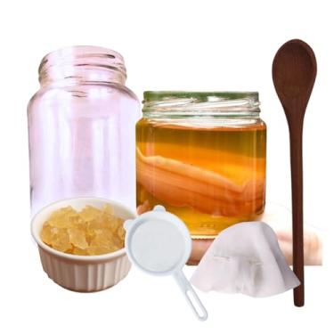 Imagem de Scooby de Kombucha Ganhe Kefir De Água Colher De Pau + Tampa Voal + Frasco 500ml + Peneira