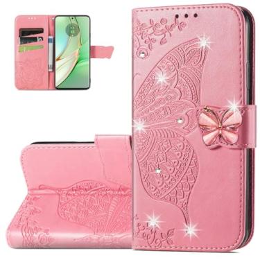 Imagem de Dinglijia Capa carteira para Motorola Moto G75, capa de couro PU padrão borboleta com fecho magnético e compartimentos para cartão de dinheiro coldre para Moto G75, strass rosa