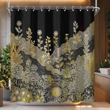 Imagem de Spenlife Conjunto de cortina de chuveiro Golden Mountain, arte paisagística, impermeável, para banheiro, estampa floresta, decoração elegante para casa 182 x 182 cm com 12 ganchos de plástico.