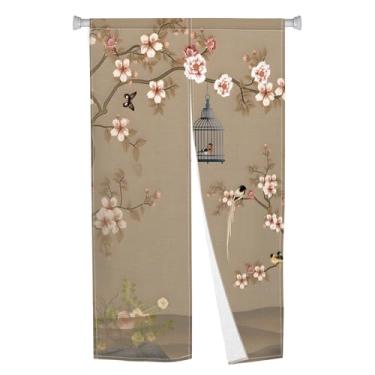 Imagem de Leowefowa Cortina de porta japonesa Noren estilo longo tapeçaria impressão chinesa Feng Shui tratamento de janela para pendurar divisória de quarto cozinha decoração de casa (gaiola de pássaro, flor