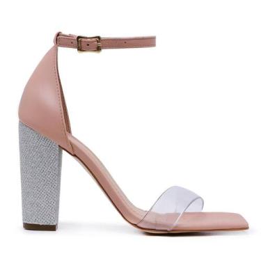 Imagem de Sandália Vitória Lugo Salto Bloco Bico Q Cristais Trans, Nude amêndoa,