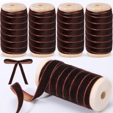 Imagem de Chuangdi Conjunto de fitas de veludo de Natal com 4 rolos de 3/20.3 cm vintage com acabamento em tecido de carretel de madeira, fita de veludo para embrulho de presente de Natal, guirlanda, decoração
