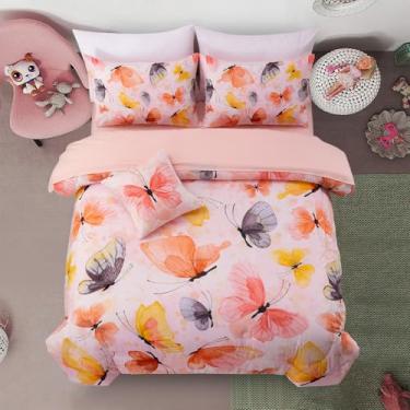 Imagem de A Nice Night Conjunto de cama com 6 peças, estampa de borboleta, com tinta aquarela, estampa de borboleta, laranja, queen
