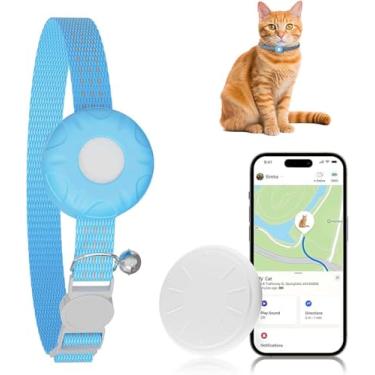 Imagem de ZFSJTAG Rastreador GPS para gatos, compatível com Apple Find My App (apenas iOS), rastreador de gatos sem taxa mensal, à prova d'água (rastreador branco, coleira azul para gatos)