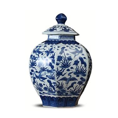 Imagem de AKALNNB Vaso de flor vaso de cerâmica novo chinês retrô azul e branco vaso de porcelana 22 cm pequeno pintado à mão vasos decorativos para escritório, sala de estar, mesa decorativa F