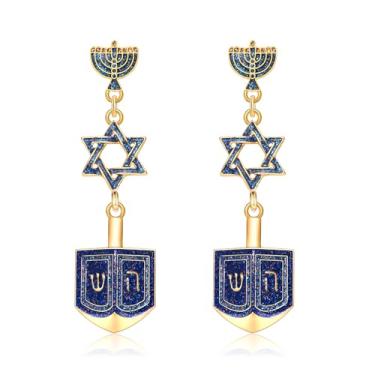 Imagem de CENAPOG Brincos de Hanukkah para mulheres Hanukkah Menorá Dreidel Estrela de Davi brincos pendentes judeu Hanukkah joias acessórios presentes, Zinco, Sem pedra preciosa