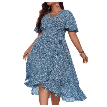 Imagem de Vestido feminino Floerns plus size Boho Flutter azul e branco
