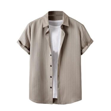 Imagem de Camisa masculina COZYEASE de manga curta com botões, cáqui, tamanho GG