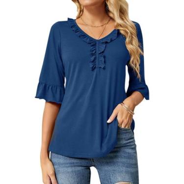 Imagem de Camisa feminina casual Ivicoer com decote em V, manga 3/4, azul, L