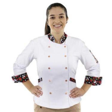 Imagem de Dólmã Para Chef Cozinha Feminino 100% Algodão Branco Acinturada Estamp