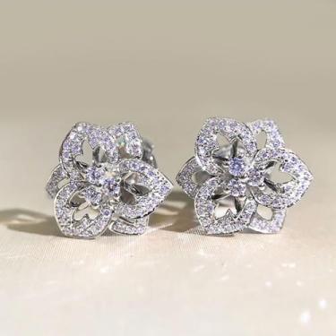 Imagem de Brincos de zircônia cúbica folheados a ouro branco incrustado requintado design criativo de flores para mulheres, casamento, noiva, festas noturnas, uso diário, joia leve, brinco, presente para ela