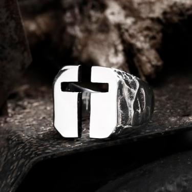 Imagem de Anel de aço inoxidável com cruz vazada – Design texturizado elegante – Anel masculino versátil, Aço inoxidável, Sem pedra preciosa