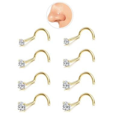 Imagem de 8 peças de aço cirúrgico hipoalergênico 20G em forma de L / parafusos de nariz para mulheres e homens, anéis de nariz de saca-rolhas com 1,5-3 mm CZ gancho leve pinos de narina, 1.5/2.0/2.5/3.0mm, Aço