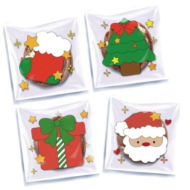 Imagem de 100 unidades 5 x 4 sacos de Natal – celofane autoadesivo | Para doces, rosquinhas, biscoitos | 4 designs festivos | Perfeito para lembrancinhas de festas de fim de ano e embalagem de presente