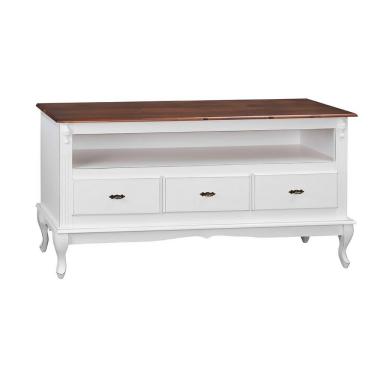 Imagem de Rack Para Sala 3 Gavetas E Nicho Pés Luis Xv - Branco Laca Com Tampo Castanho Envelhecido