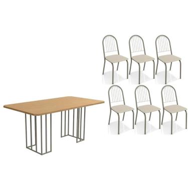 Imagem de Conjunto Mesa De Cozinha Duina Com Tampo De Madeira 160cm E 6 Cadeiras Noruega Niquel Freijó Courano Bege Kappesberg