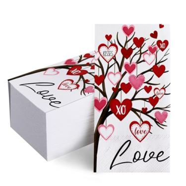 Imagem de Livcoz Guardanapos de papel descartáveis para árvore do dia dos namorados, toalhas de mão de banheiro com corações de amor vermelho e rosa, guardanapo de convidado, aniversário, casamento, cozinha